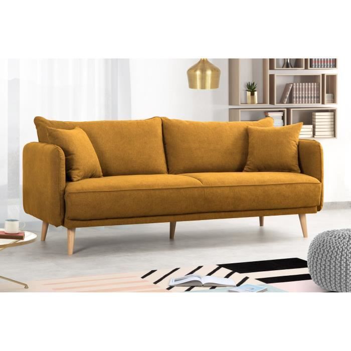 CanapÈ fixe 3 places DAREN - Tissu moutarde - L 207 x P 90 x H 88 cm - FabriquÈ en France - HEXAGONE