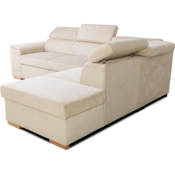Canapé d'angle convertible réversible 5 places DAYTONA - Velours côtelé beige - Coffre de rangement - L 260 x H 94 x P 216 cm