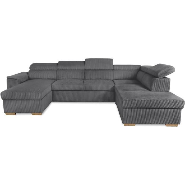 Canapé d'angle convertible panoramique 5 a 6 places DAYTONA - Velours côtelé anthracite - Avec coffre - L 326 x H 94 x P 216 cm