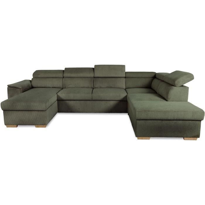 Canapé d'angle convertible panoramique 5 a 6 places DAYTONA - Velours côtelé kaki - Avec coffre - L 326 x H 94 x P 216 cm