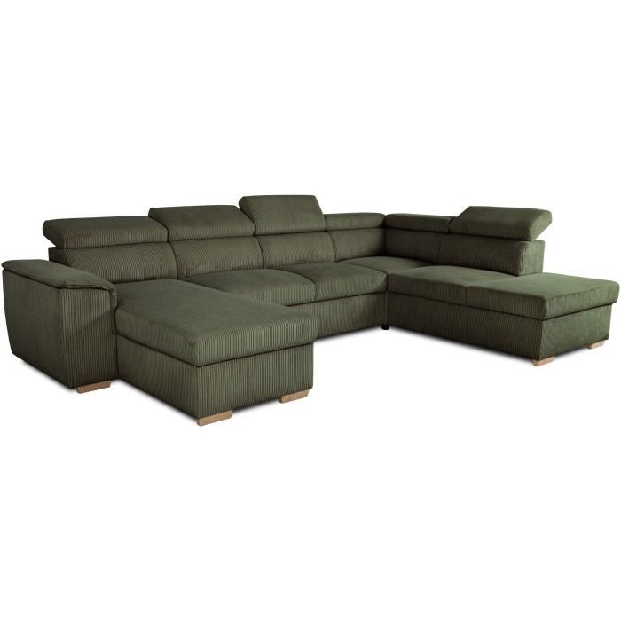 Canapé d'angle convertible panoramique 5 a 6 places DAYTONA - Velours côtelé kaki - Avec coffre - L 326 x H 94 x P 216 cm