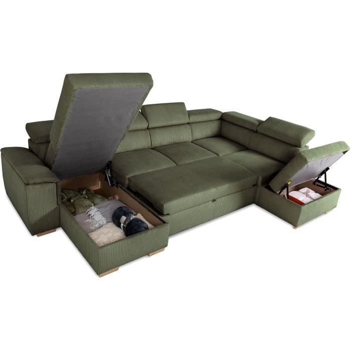Canapé d'angle convertible panoramique 5 a 6 places DAYTONA - Velours côtelé kaki - Avec coffre - L 326 x H 94 x P 216 cm