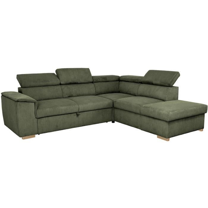Canapé d'angle convertible réversible - 5 places - DAYTONA - Velours Kaki - Coffre de rangement - L260 x H94 x P216 cm