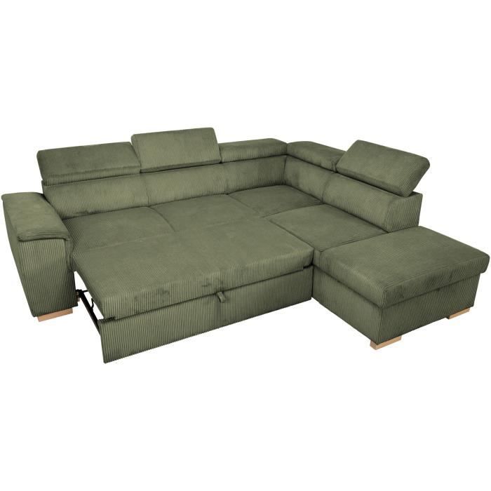 Canapé d'angle convertible réversible - 5 places - DAYTONA - Velours Kaki - Coffre de rangement - L260 x H94 x P216 cm