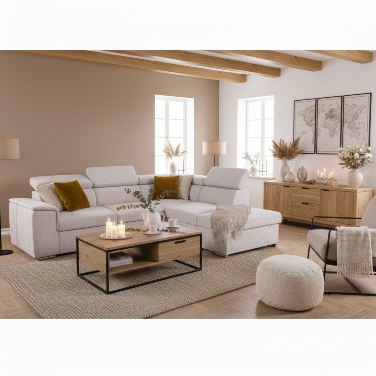 Canapé d'angle convertible réversible - 5 places - DAYTONA - Tissu Beige - Coffre - 260 x 216 x 94 cm