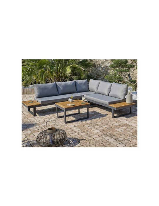 Salon bas de jardin - Aluminium - DCB GARDEN - 5 places - Gris anthracite et bois d'acacia - MIYAKO