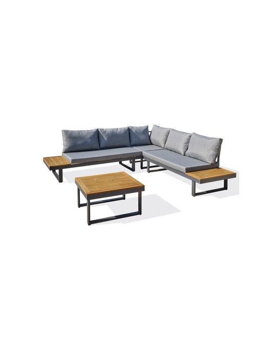 Salon bas de jardin - Aluminium - DCB GARDEN - 5 places - Gris anthracite et bois d'acacia - MIYAKO