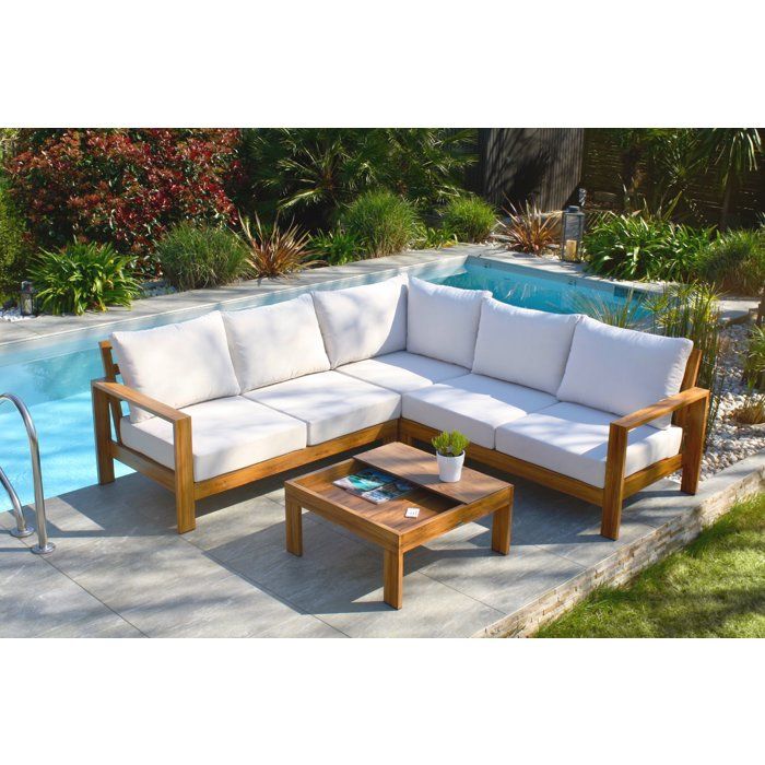 Salon de jardin d'angle - Marron - Aluminium effet bois - 5 places - Majorque