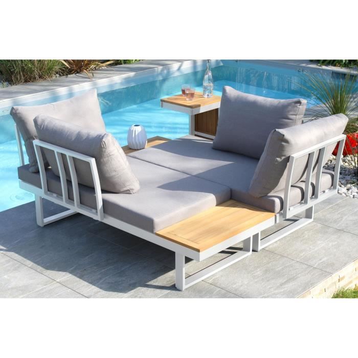 Salon de jardin modulable - Aluminium - DCB GARDEN - 4 places - TOKYO - Blanc et bois d'acacia