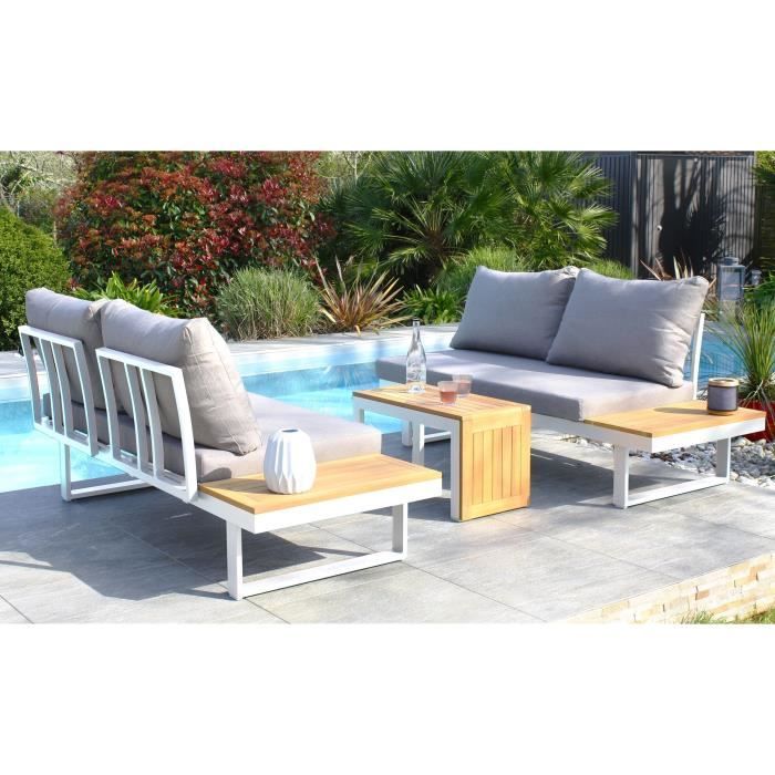 Salon de jardin modulable - Aluminium - DCB GARDEN - 4 places - TOKYO - Blanc et bois d'acacia