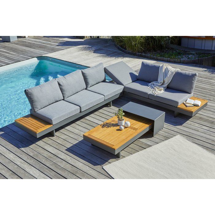 Salon de jardin d'angle - Gris anthracite - Bois d'acacia / aluminium - 6 places - Vanuatu