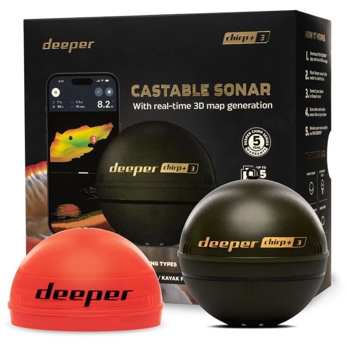 Sondeur de peche sans fil avec GPS et création carto 3D - DEEPER - CHIRP+3D - Noir