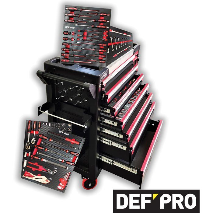 Servante d'atelier - Pleine (201 outils) - 7 tiroirs - DEFPRO - Acier - Rouge