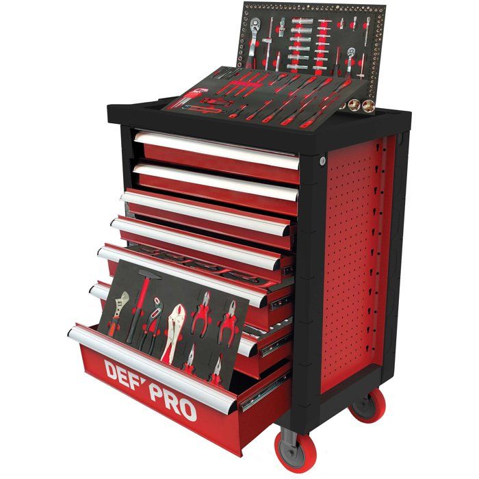 Servante d'atelier 7 tiroirs + 283 outils - Defpro - Noir/rouge - Charge 300 kg - Roues freinées