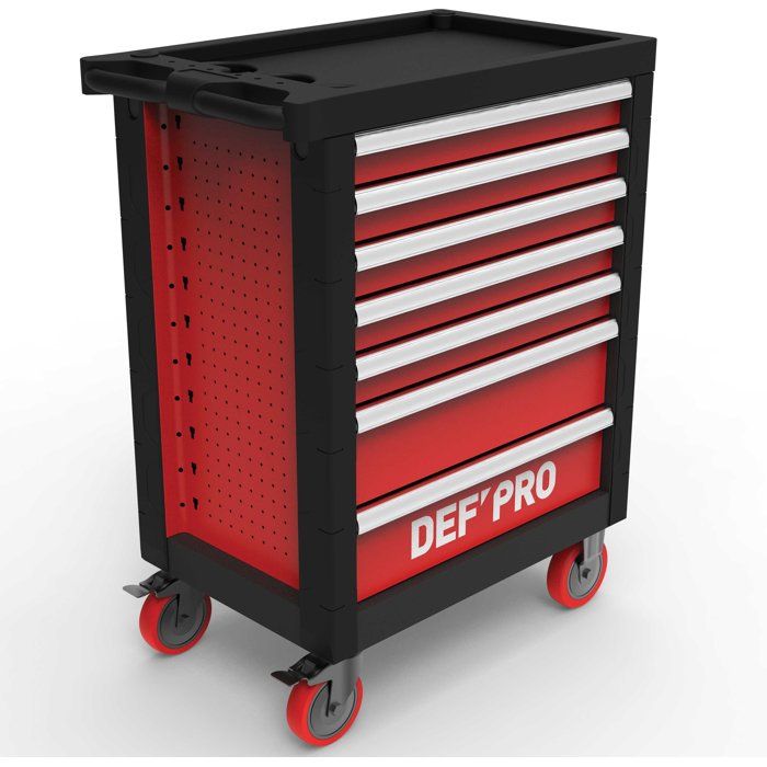 Servante d'atelier 7 tiroirs + 283 outils - Defpro - Noir/rouge - Charge 300 kg - Roues freinées