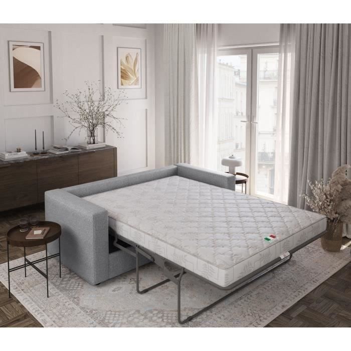 Canapé 3 places - Delta - Tissu Gris Clair - Convertible semi-express matelas 13cm - 190 x 92 x 90 cm