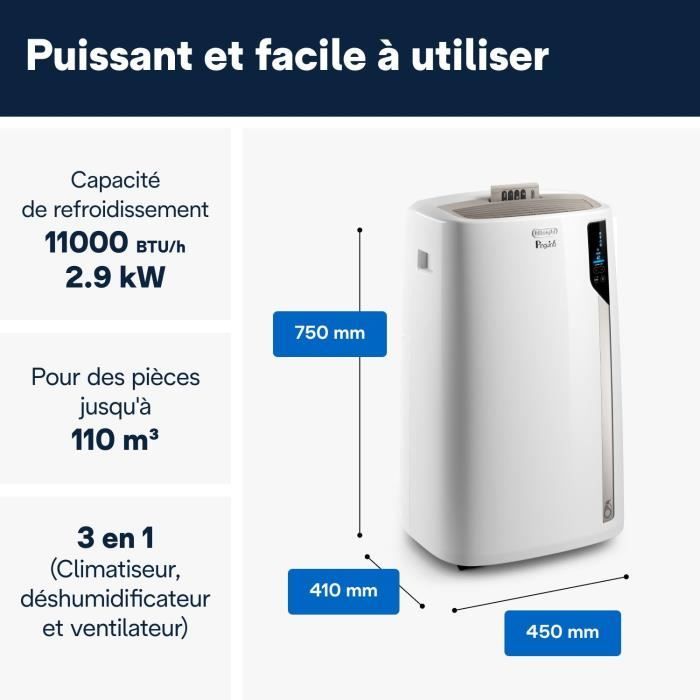 Climatiseur mobile - DELONGHI - PAC EL110 WIFI - 2900 W - 11 000 Btu/h - 3 vitesses - Ventilateur / déshumidificateur