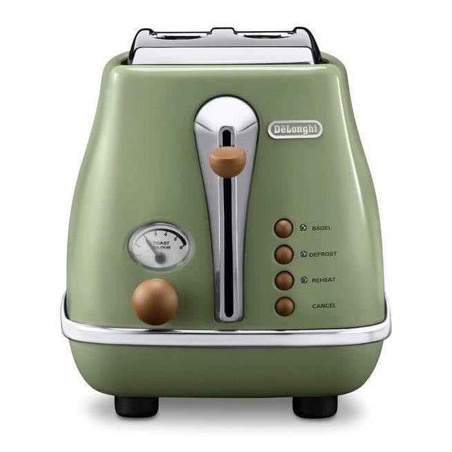 Grille pain - Delonghi - Icona Vintage - 2 tranches - 6 positions - Vert Olive/Chocolat