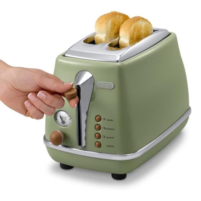 Grille pain - Delonghi - Icona Vintage - 2 tranches - 6 positions - Vert Olive/Chocolat