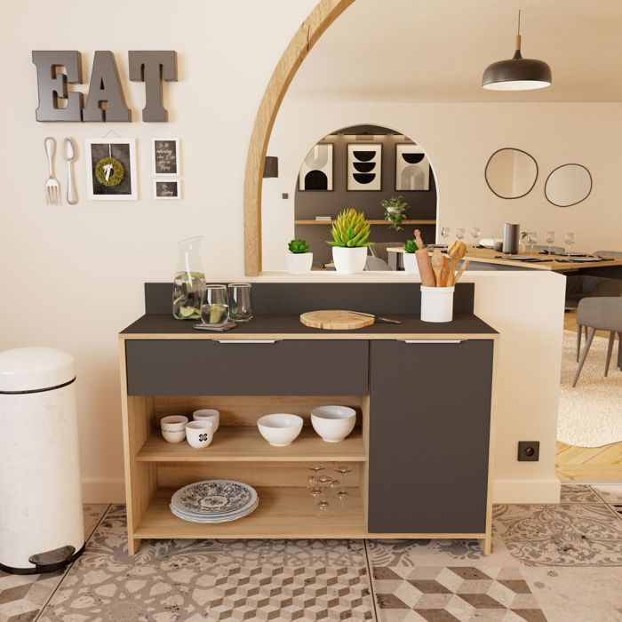 Buffet de cuisine - Décor chene brut et noir - Contemporain - 1 porte - MIKE - L 123 cm