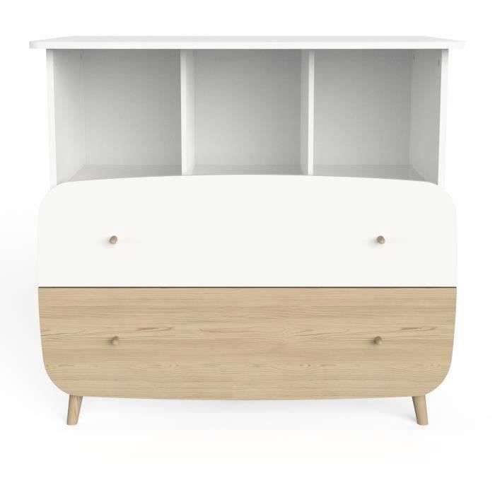 Ensemble lit bÈbÈ 60 x 120, commode 2 tiroirs + 3 niches et 1 plan a langer - FIRMIANA - Scandinave - Blanc mat & bois - DEMEYERE