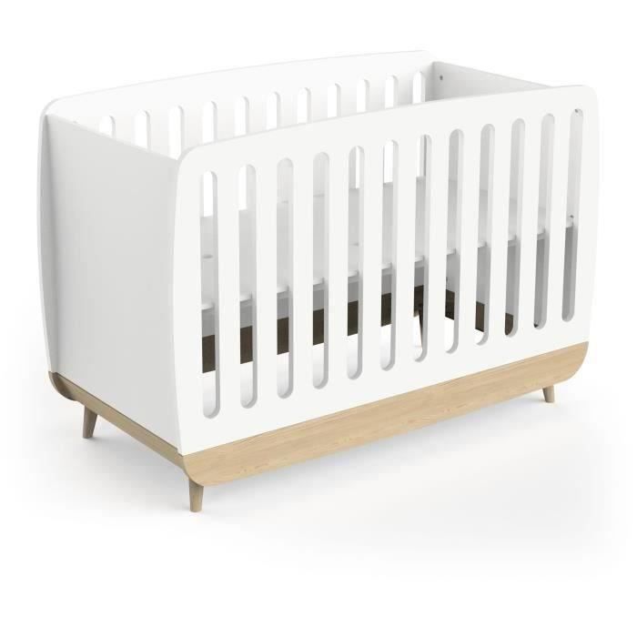 Ensemble lit bÈbÈ 60 x 120, commode 2 tiroirs + 3 niches et 1 plan a langer - FIRMIANA - Scandinave - Blanc mat & bois - DEMEYERE