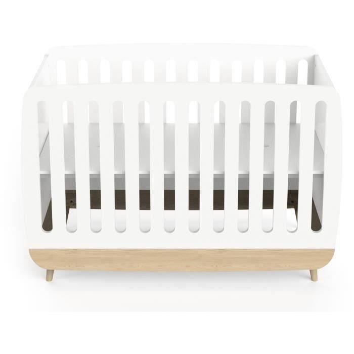 Ensemble lit bÈbÈ 60 x 120, commode 2 tiroirs + 3 niches et 1 plan a langer - FIRMIANA - Scandinave - Blanc mat & bois - DEMEYERE