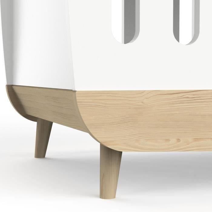 Ensemble lit bÈbÈ 60 x 120, commode 2 tiroirs + 3 niches et 1 plan a langer - FIRMIANA - Scandinave - Blanc mat & bois - DEMEYERE