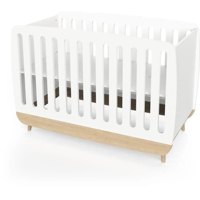 Ensemble lit bÈbÈ 60 x 120, commode 2 tiroirs + 3 niches et 1 plan a langer - FIRMIANA - Scandinave - Blanc mat & bois - DEMEYERE