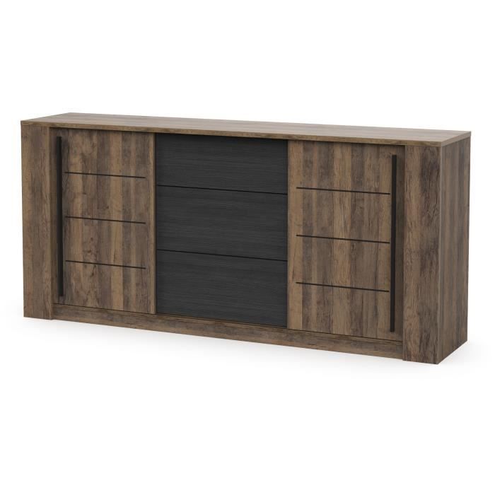 Enfilade MONACO - Décor chene et noir - 2 Portes + 3 Tiroirs - L206 x P44,9 x H94 cm - CBA MEUBLES
