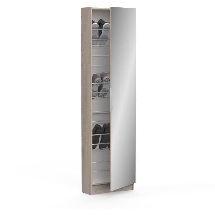 Armoire a chaussures - 12 Paires - Décor Chene - 1 porte avec miroir - L50 x P20x H180 cm - DEMEYERE
