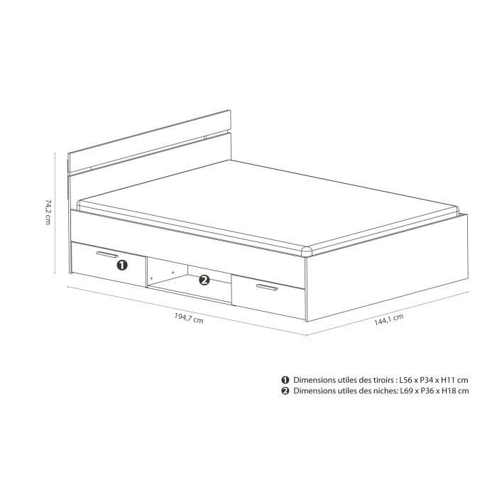 Demeyere Lit adulte MICHIGAN - 140 x 190 cm - Multiples rangements - Blanc