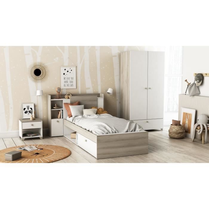 Lit enfant LIFE - 90x190/200 - Rangements - Décor Chene et blanc - DEMEYERE - Fabriqué en France