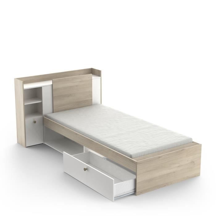 Lit enfant LIFE - 90x190/200 - Rangements - Décor Chene et blanc - DEMEYERE - Fabriqué en France