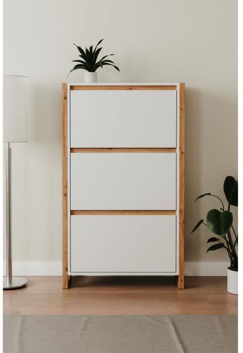 Meuble a chaussures - Blanc et chene - 12 paires - L70 x P25 x H125 cm - DENVER