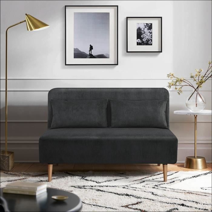 Banquette BZ - 2 places - Tissu velours côtelé Noir - 130 x 90 x 81 cm - DEPLO