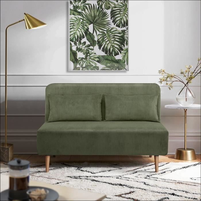 Banquette BZ - 2 places - Tissu velours côtelé Vert - 130 x 90 x 81 cm - DEPLO