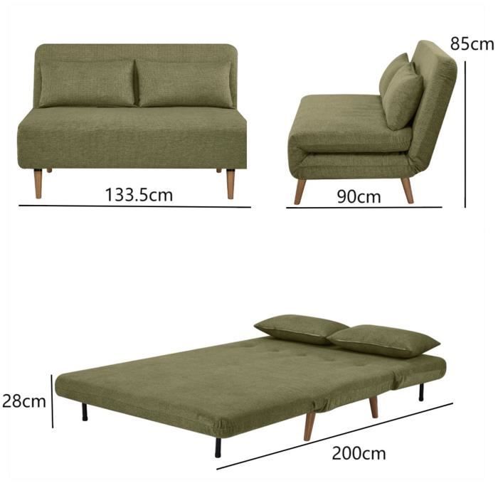 Banquette BZ - 2 places - Tissu Vert armé - 130 x 90 x 81 cm - DEPLO