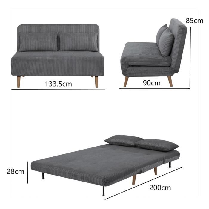 Banquette BZ - 2 places - Tissu velours côtelé Gris clair - 130 x 90 x 81 cm - DEPLO