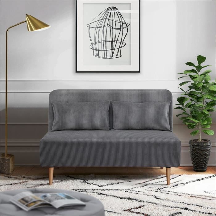 Banquette BZ - 2 places - Tissu velours côtelé Gris clair - 130 x 90 x 81 cm - DEPLO