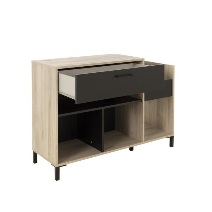 Meuble rangement vinyle - GAMI - Platine - Style urbain - DÈcor chene - Noir - L 115 x P 40 x H 81 cm