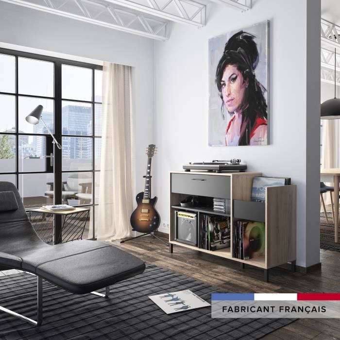 Meuble rangement vinyle - GAMI - Platine - Style urbain - DÈcor chene - Noir - L 115 x P 40 x H 81 cm