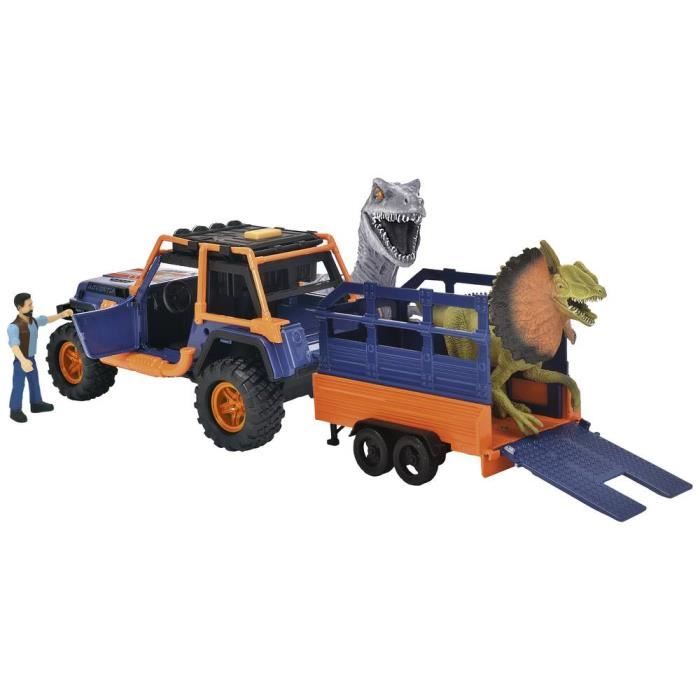 Commandant de Dinosaures - Dickie - 1 Jeep Wrangler avec remorque + 1 figurine articulée + 2 dinosaures