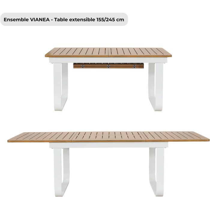 Ensemble repas de jardin - VIANEA - Table extensible 155/245x100x74 cm + 6 fauteuils - Aluminium - Blanc et naturel - 6 personnes