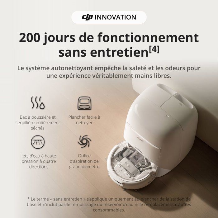 DJI ROMO S - Robot Aspirateur Laveur avec Station - 25 000 Pa - Détection de Niveau Drone - 200 Jours sans Maintenance