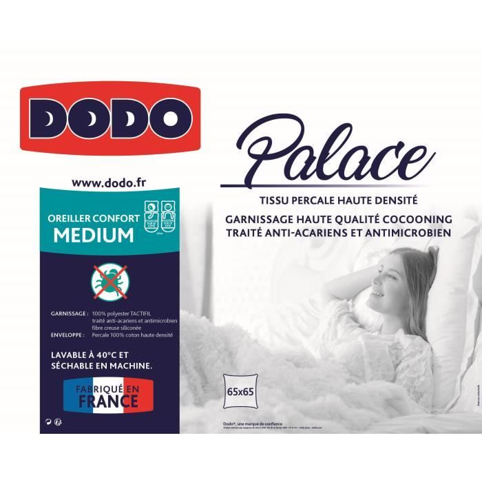 Oreiller Percale Anti-Acariens - DODO - PALACE - 65 x 65 cm - Blanc