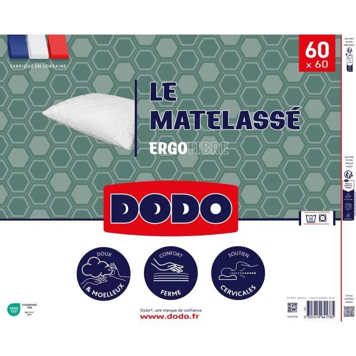 Oreiller - Le Matelassé - DODO - 60 x 60 cm - Soutien ferme - Taie déhoussable