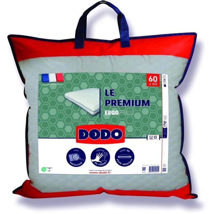 Oreiller - Le Premium - DODO - 60 x 60 cm - Mémoire de forme - Taie déhoussable - Blanc