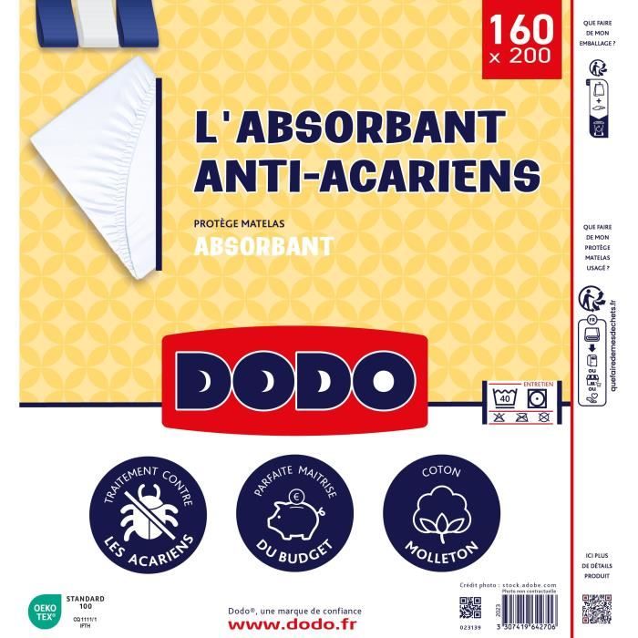 Protege Matelas Absorbant - DODO - 160 x 200 cm - Coton - Anti-acariens