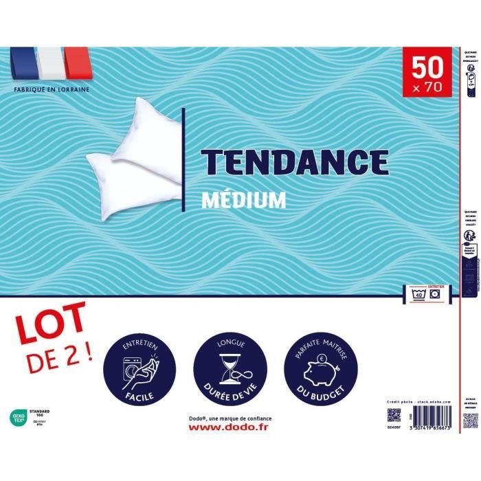 Lot de 2 Oreillers DODO - Tendance - 50 x 70 cm - Blanc
